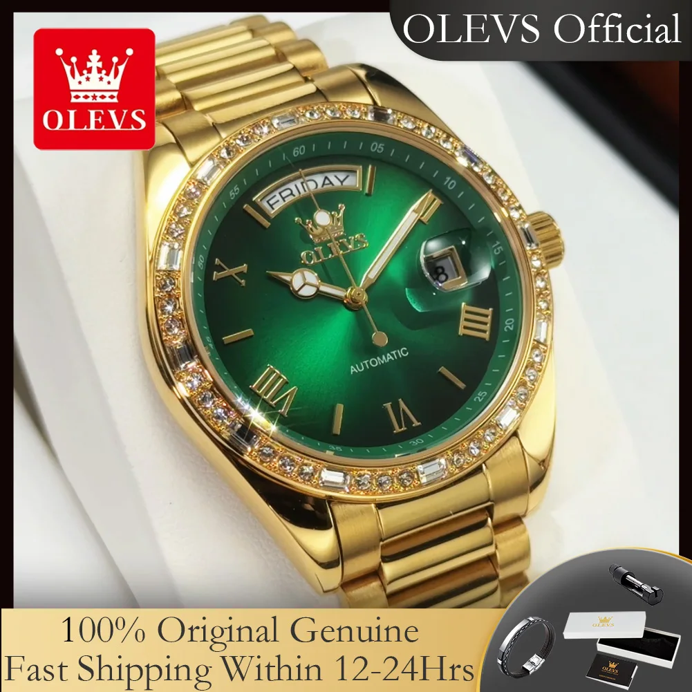 OLEVS 6747 Luxury Brand Men's Watches Original Stainless Steel Diamond Bezel Calendar Waterproof Automatic Mechanical Wristwatch