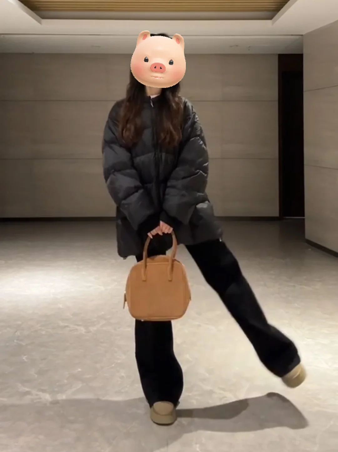 

Fashionable Unique Black Cotton Jacket round Neck Thickened Mid-Length Winter Outerwear Korean Style Loose Fit Zipper Closure