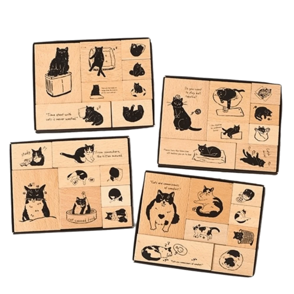 8pcs New Wooden Stamp Set DIY Crafts Stationery Supplies Hand Carved Stamps Cartoon Cat Journal Stamps for Children