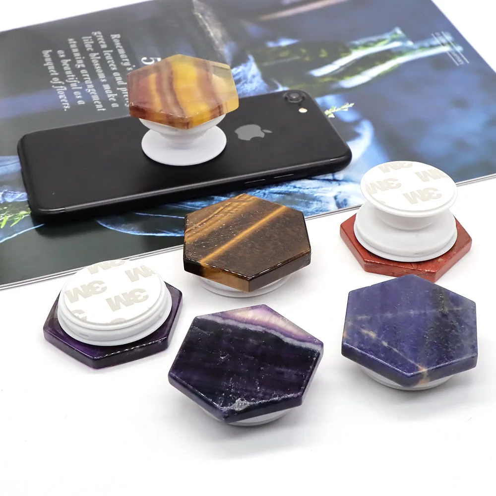 Natürliche Steine Erweiterbar Grip Tok Telefon Halter Finger Ring Amethyst Fluorit Kristalle Healing Hexagon Falten Smartphone Stehen