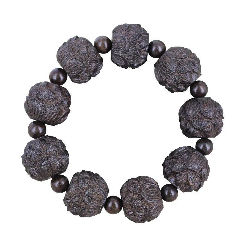 Vietnamese Agarwood Carved Buddha Bead Bracelet, Black Bark Eighteen Arhats, Lotus Flower - view 5