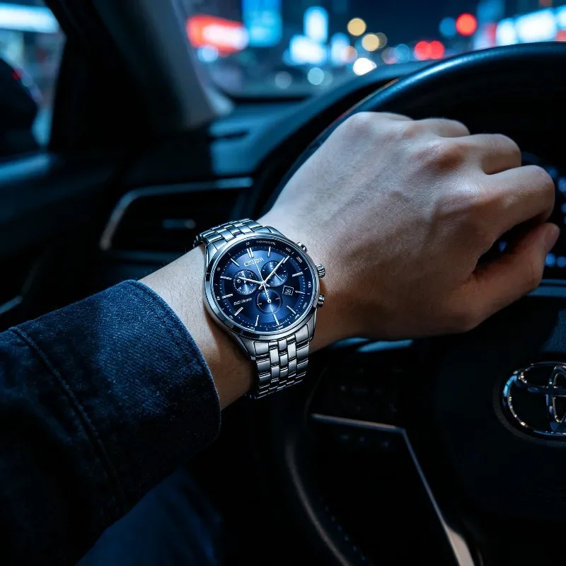 Citizen AT2140-55L Men Business Casual Wristwatch Eco-Drive Chronograph Function Blue Dial Sapphire Glass Stainless Steel Band