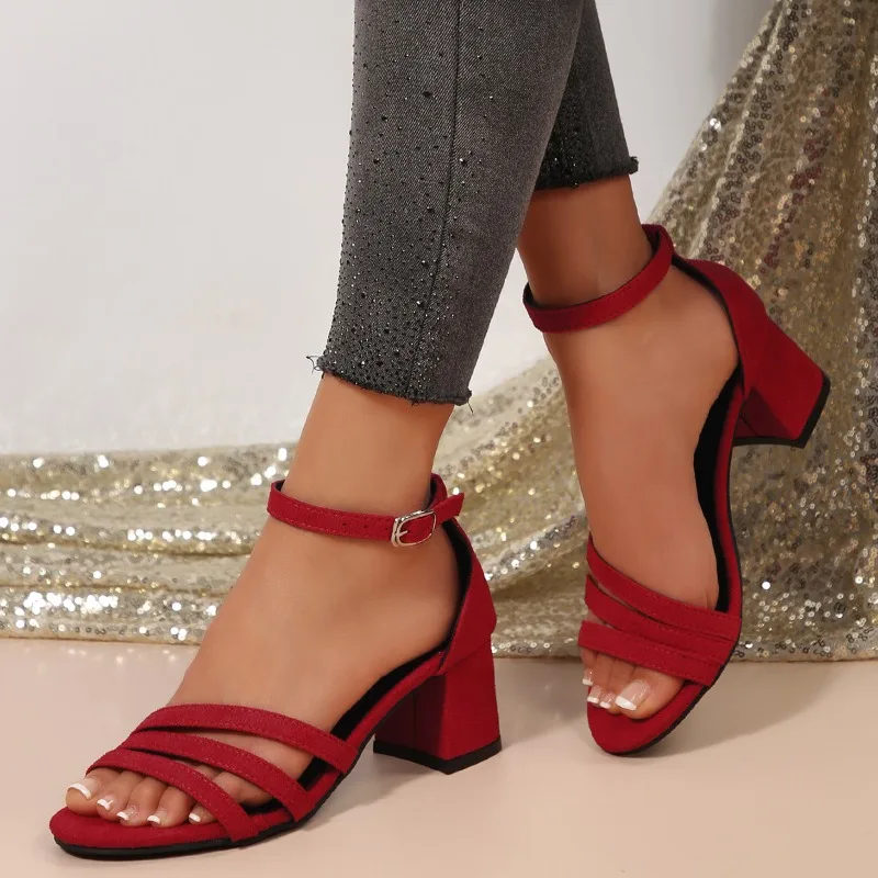 

Open Toe Block Heel Sandals Summer New Suede Round Toe One Buckle Strap Fashion Solid Color Skinny High Heels