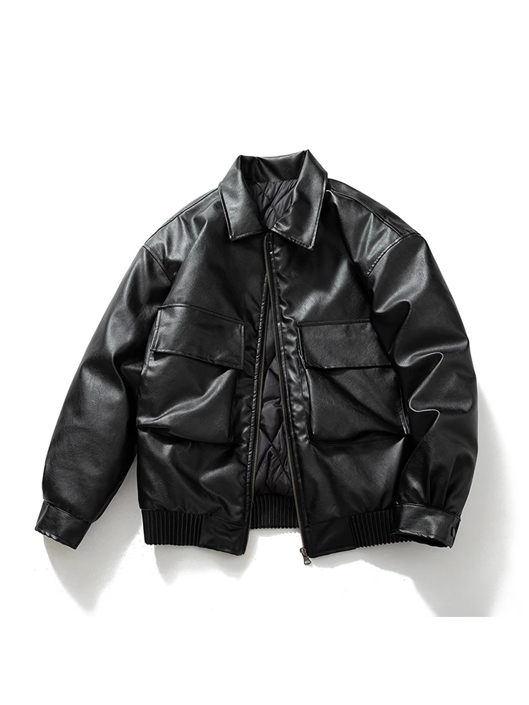 

American Retro PU Leather Jaet Men's Autumn Winter Streetwear Thiened Collar Street Sle Motorcycle Workwear Coat