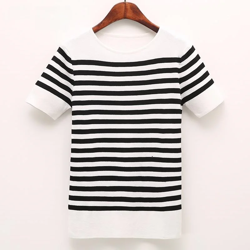 Women's ort Sve Striped T-irt Slim Fit Ice Silk Knitted Top Faionable Base Layer irt Korean Sle Summer Wear