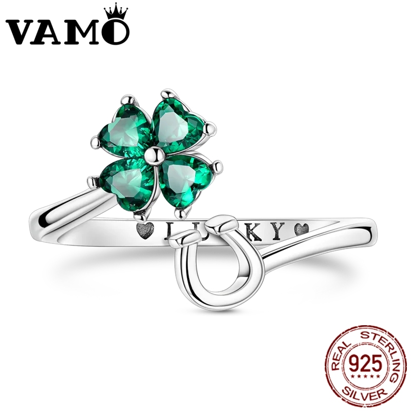 VAMO 925 Sterling Silver CZ Zircon Rings Clover Horseshoe Open Woman Rings Sparkling Wedding Rings For Women Jewelry Anniversary