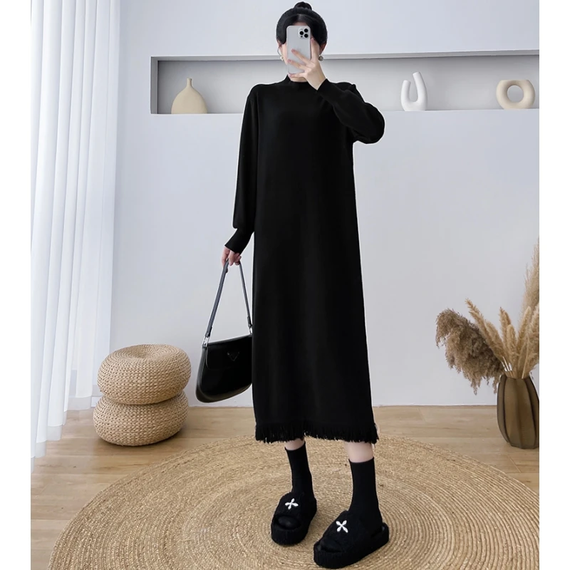 فساتين للنساء جديدة بأكمام طويلة ورقبة وهمية فستان نسائي أسود محبوك بشراشيب فستان مستقيم للنساء Vestidos De Verano Mujer Q1568 #4