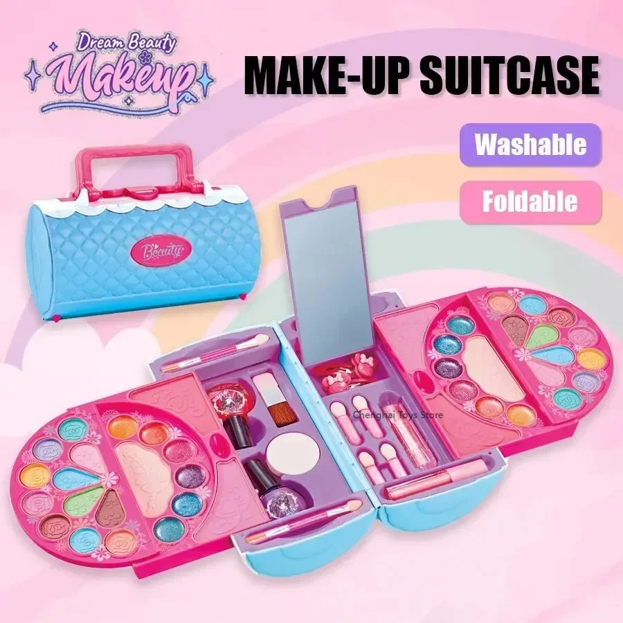 Kids Beauty Toys Makeup Kit Princess Real Washable Pretend Play Cosmetic Set Toys with Mirror, Non-Toxic & Safe, Birthday Gifts