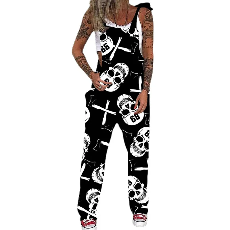 Fashion Gothic Skull Print Jumpsuits Plus Size Women Spaghetti Strap Trouser Sexy Pocket Design Overalls Bodysuit Halloween