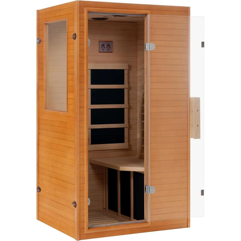 Sauna Hemlock para interiores para 1 persona, 950 W, 120 V, con calentador de pies y 6 paneles calefactores, diseño compacto