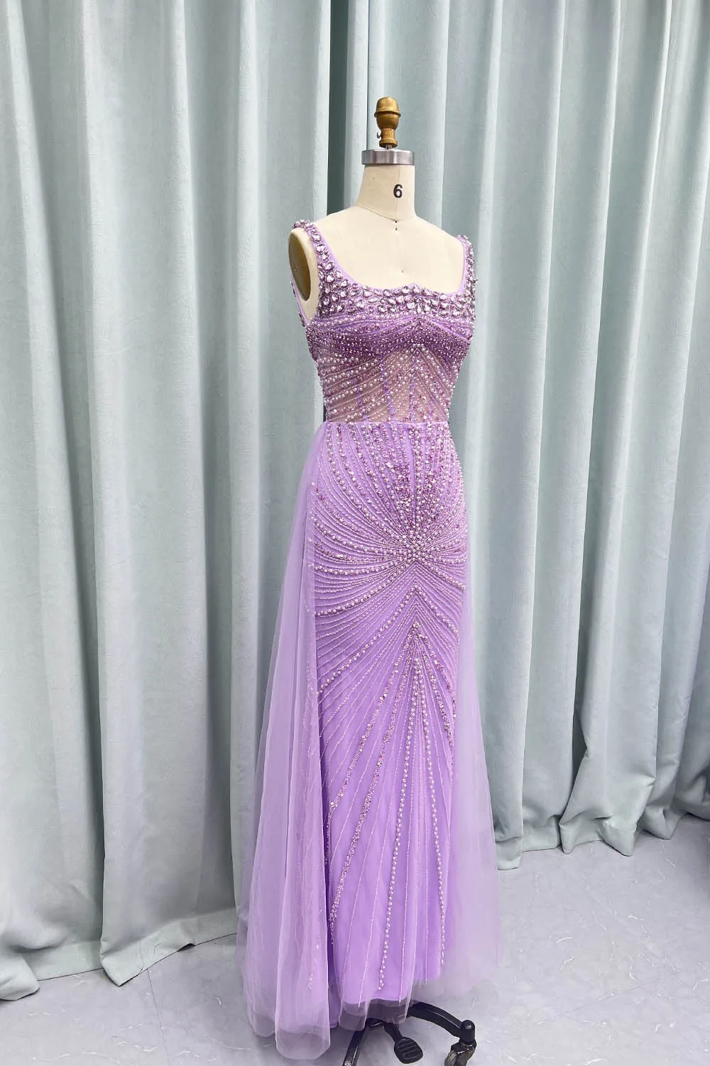 YQLNNE Purple Crystals Long Evening Dresses Mermaid Straps Tulle Beaded Weddding Party Gown