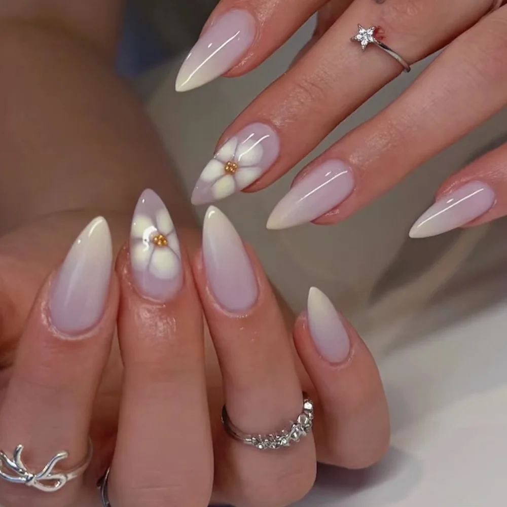 24pcs Short Almond False Nail Art Rhinestone Design Pink Nails Tips French Starfish Fake Nails Reusable Press on Nails Finished