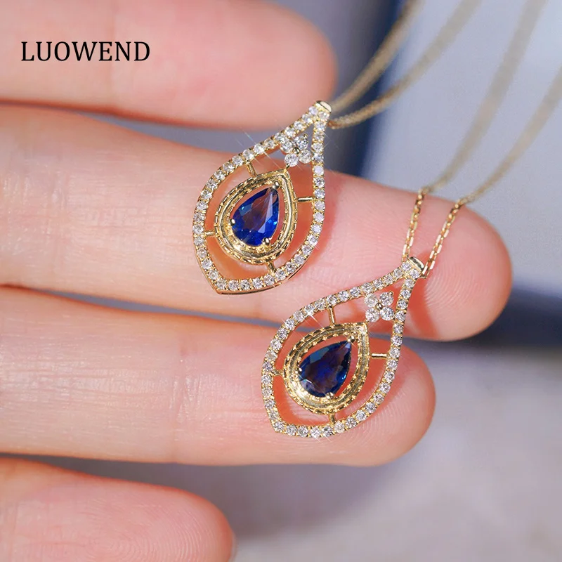 LUOWEND 100% 18K Yellow Gold Necklace Vintage Palace Style Shiny Diamond Natural Sapphire Necklace for Women High Party Jewelry