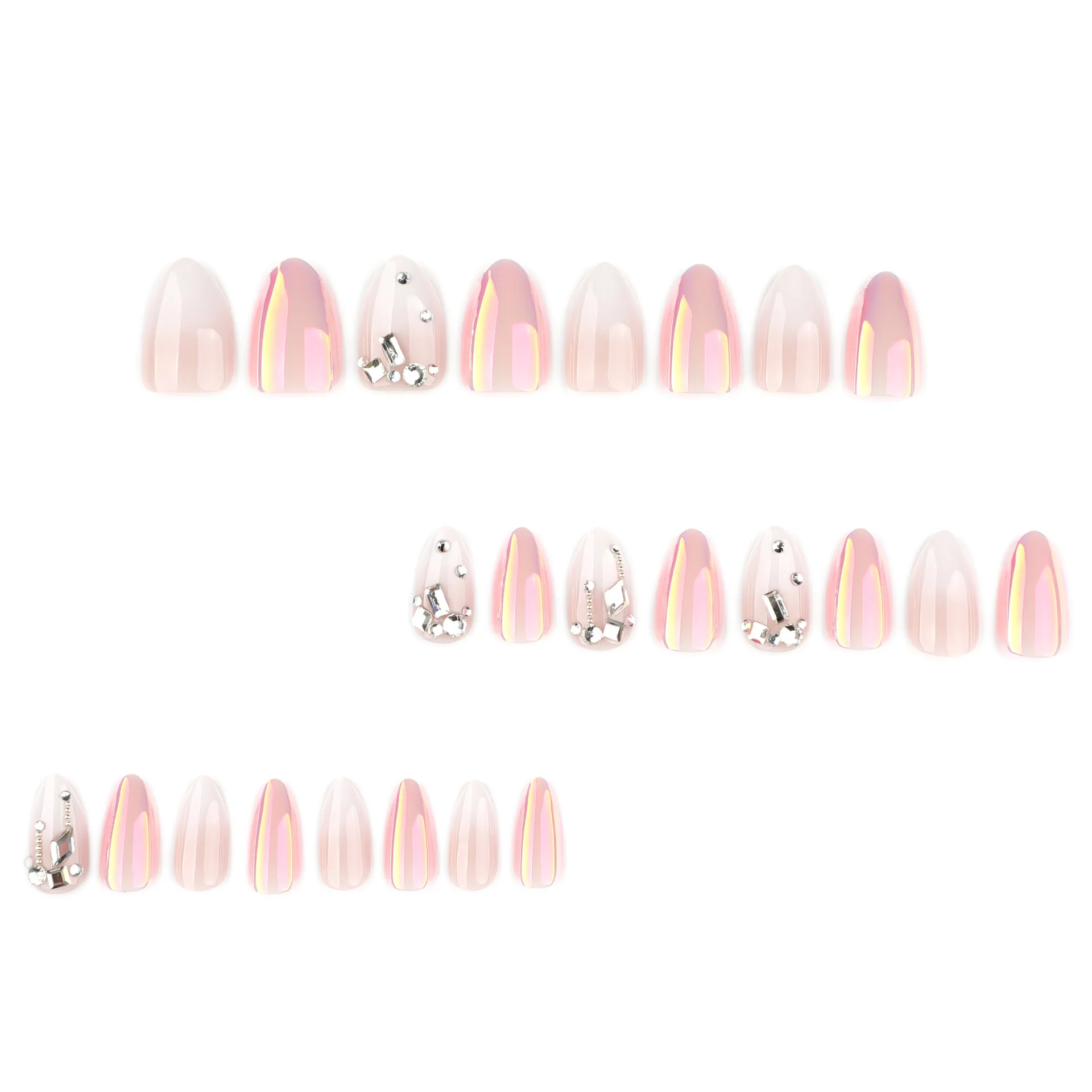24 pièces rose blanc Aurora presse sur ongles strass décor faux ongles conseils détachable portable court amande faux ongles patchs
