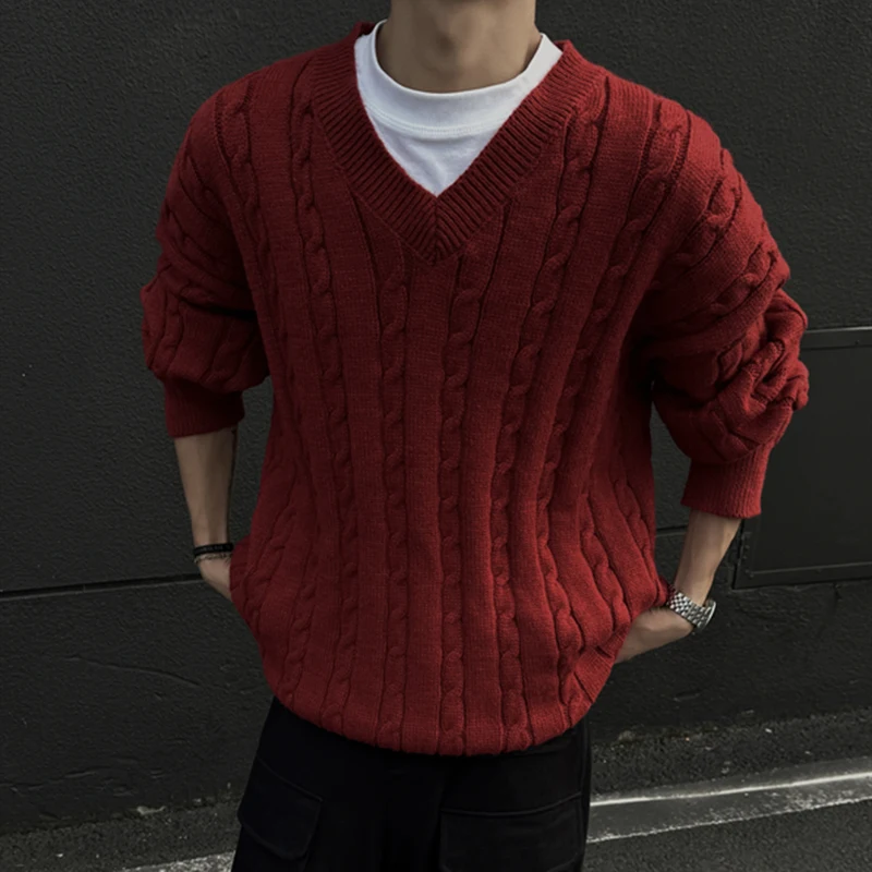 IEFB Korean Style Men's Sweaters Loose V-neck Thickened Weave Solid Color Knitting Tops Casual Male Pullovers Autumn Tide 9C8402