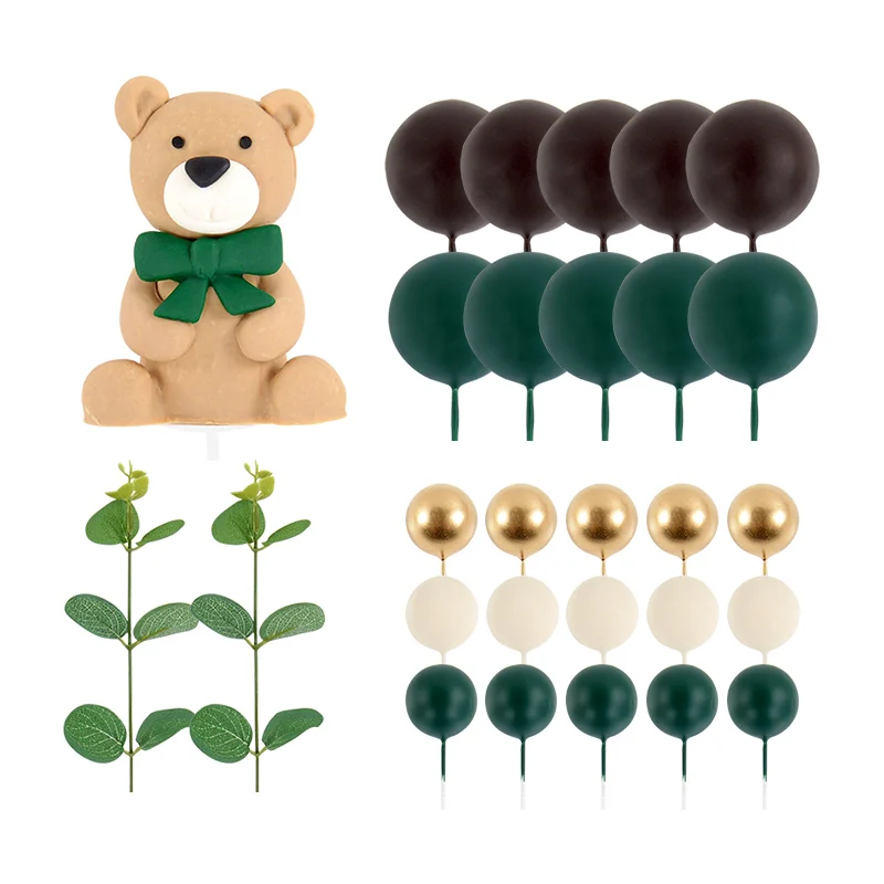 28pcs Bear Cake Topper Green Tie Teddy Bear Eucalyptus Leaves Foam Ball Cupcake Topper 1st Birthday Party Baby Shower Decoration