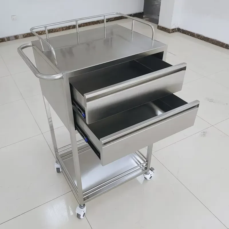 304 Stainless Steel Medical Cart Double Layer Equipment Trolley With Drawers For Laboratory Workshop Custom Utility Storage