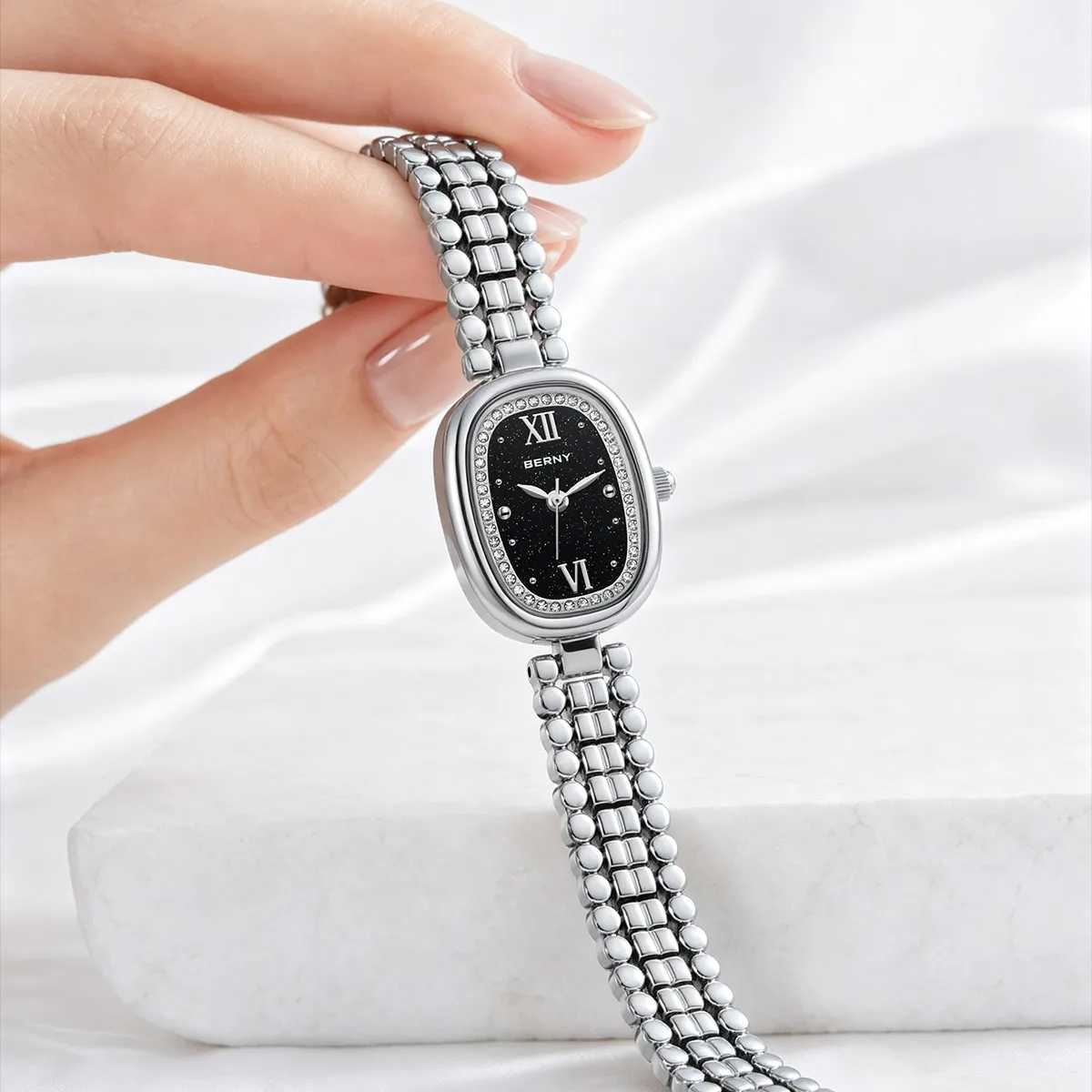 BERNY Uhren für Damen, oval, lässig, elegant, Damen-Quarzuhr, leicht, modisch, für Mädchen, Kleid, Edelstahl-Armbanduhr – Detail 9