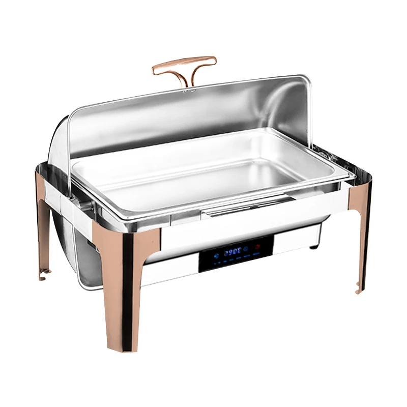 9L Stainless Steel Electric Chafing Dishes Half-Rose Gold Wedding Buffet Food Warmer Rectangle Glass Fuel Catering Equipment For