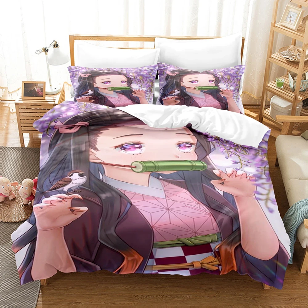 Anime Demon Slayer Bedding Sets Kamado Nezuko Bed Linen for Teens Girls Cartoon Twin Single Queen King Full Size Duvet Cover Set