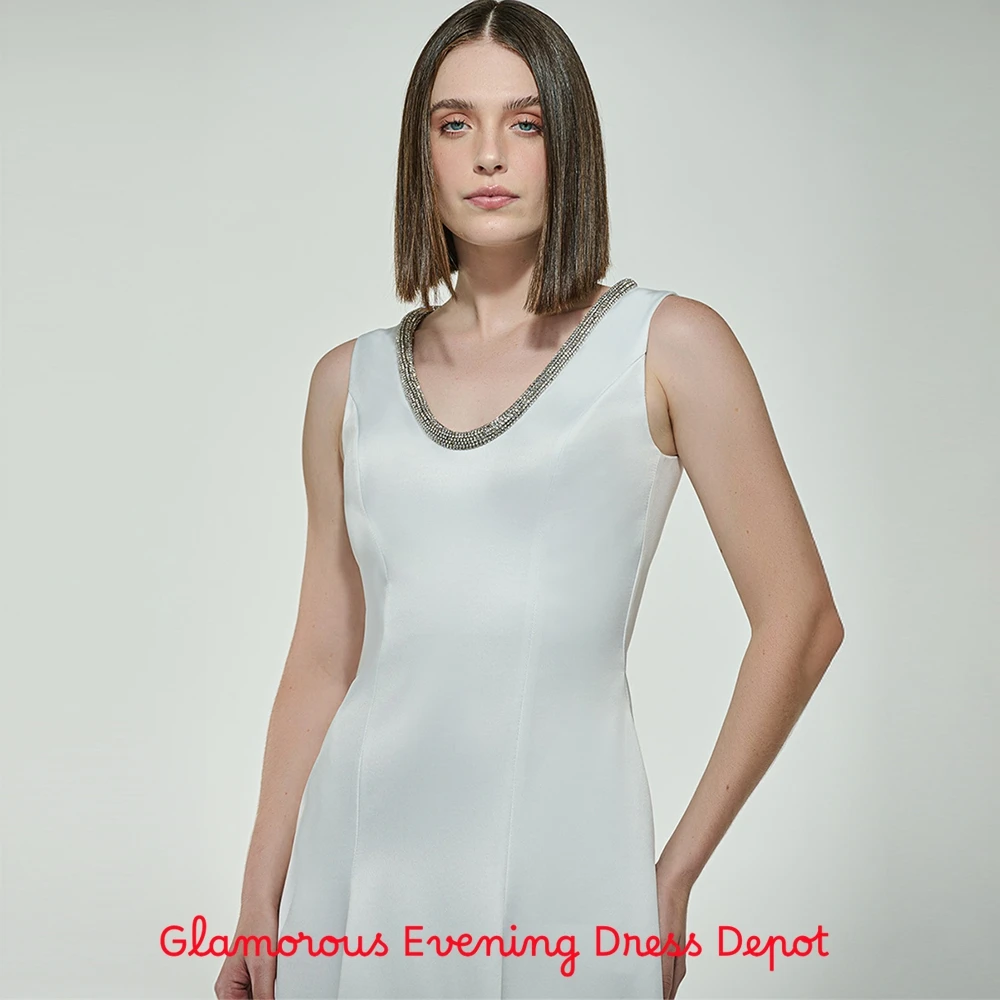 فستان سهرة رشيق من الساتان، فساتين مناسبة خاصة كريستالية رائعة، فساتين كلاسيكية بدون أكمام مخصصة لحفلات العودة للوطن