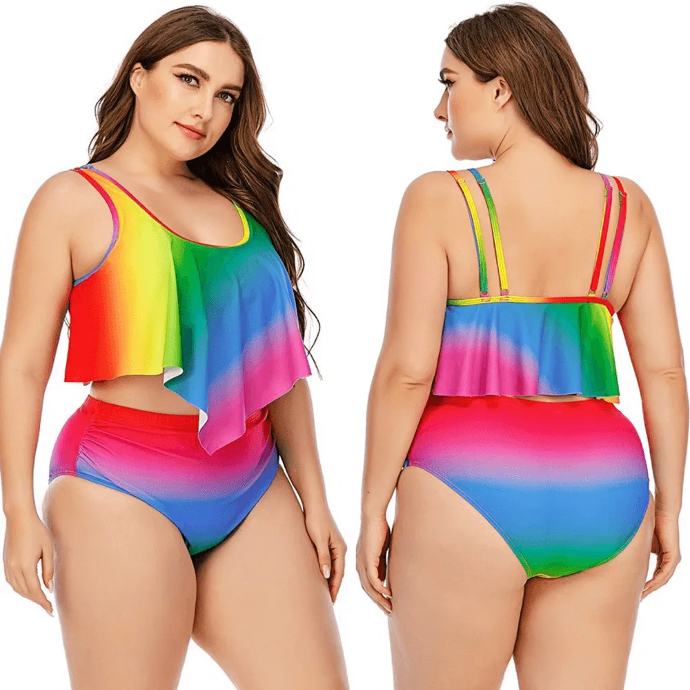 

2025 new European and American bikini rainbow printing split gradual change color large size ruffle edge swimsuit women