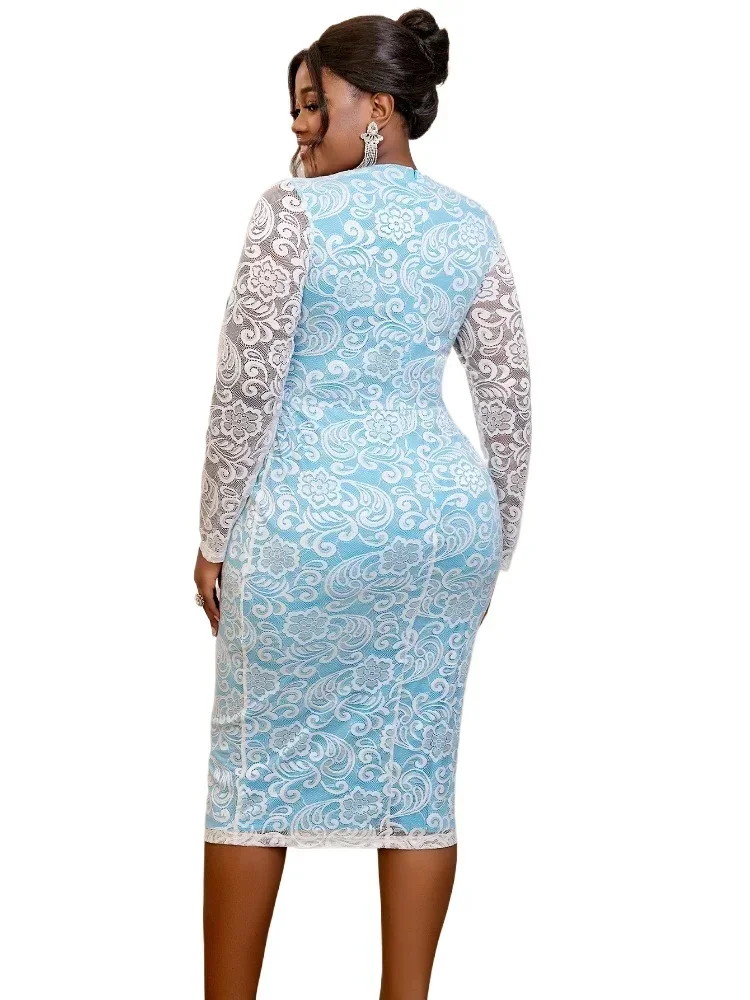 Vintage Blue Lace Dresses Patchwork O Neck Long See Through Sleeve High Waist Bowtie Birthday Cocktail Midi Gowns for Women 2024