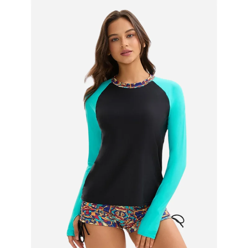 

Женский купальник Boyleg из двух частей с цветными блоками, купальный костюм с длинными рукавами и UPF 50+