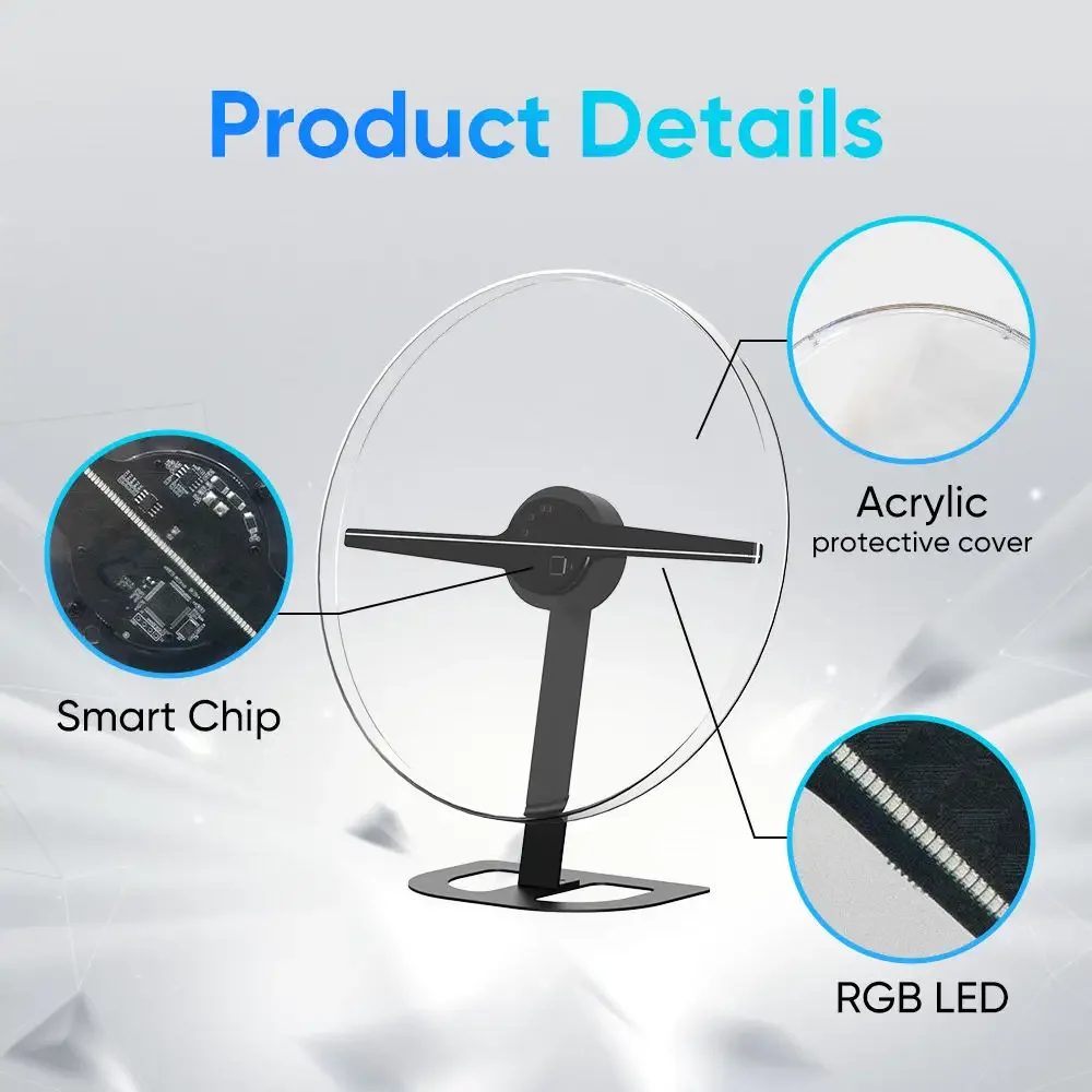 3D Indoor Hologram Pixel Fan 224 Lights Acrylic Cover and Desktop Stand Display Advertising Display Bluetooth APP Control