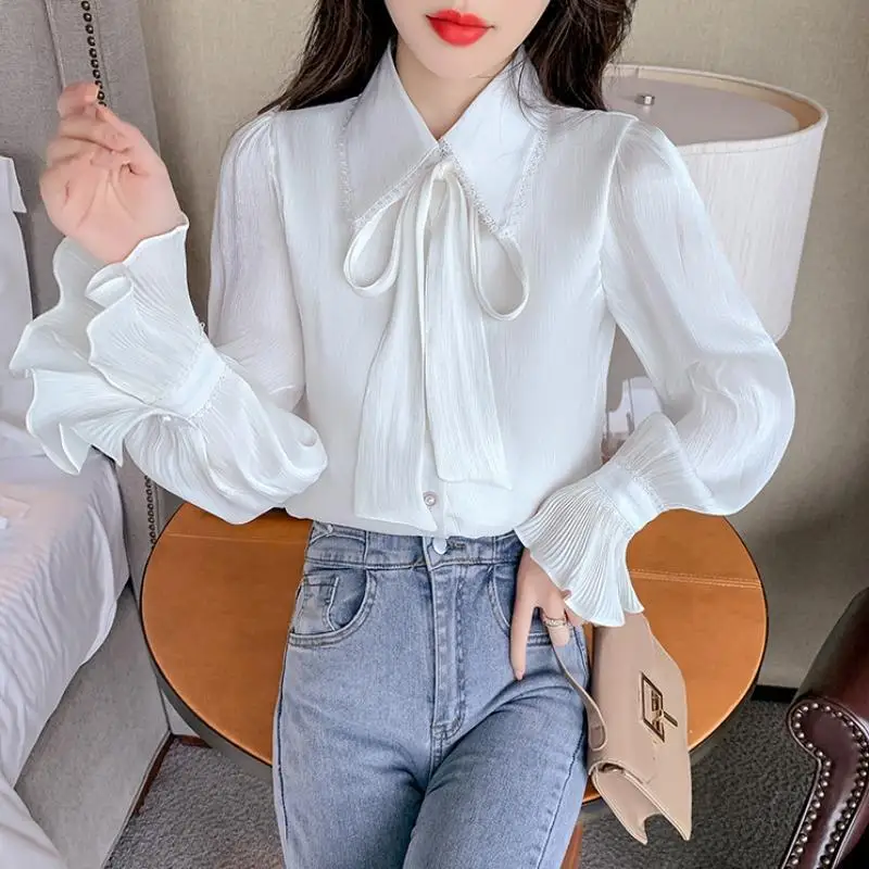 Elegant Chic Sweet Lace Up Bow Pleated Flare Long Sleeve Street Button Up Shirt New Korean Fashion Solid Top Blouse Women Blusas