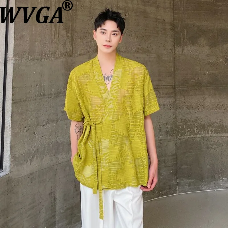 

WVGA Summer New Men's Tide Printed Trendy Short Sleeve Shirts Niche Chic Casual V-Neck Tie Dye Hollow Out Floral Tops Ins W20942