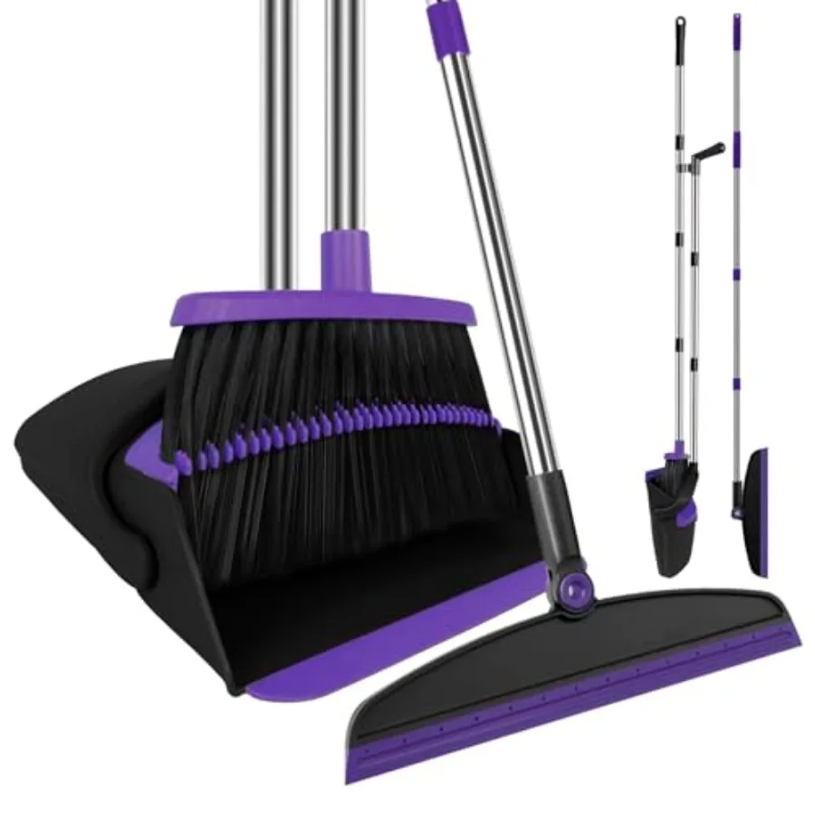 

Broom with Dustpan Combo Set and Silicone Air Broom Kit 51" Long Handle Floor Squeegee Purple Household Kit for Glass Window Ru