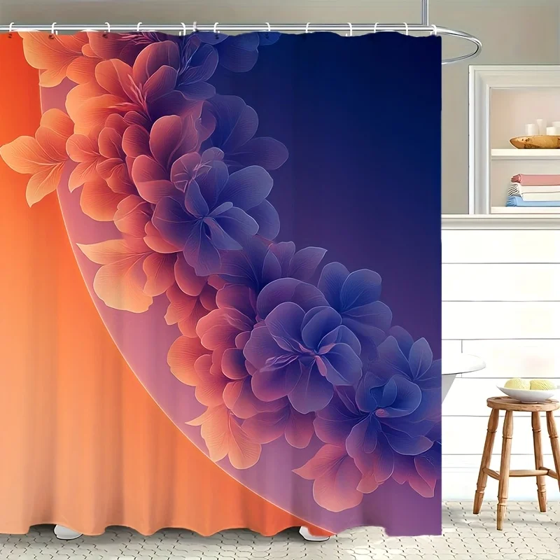 防水花柄シャワーカーテン-180x180cm-ブルーオレンジ牡丹プリント浴室シャワーライナー装飾モダンな抽象デザイン