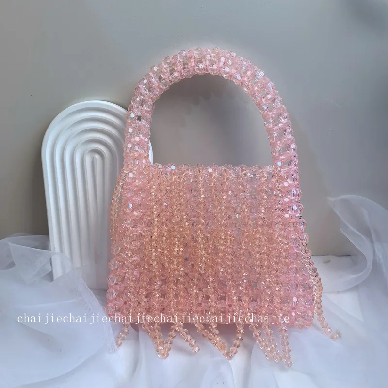 

New Handmade Weaving Beaded Bag Pink Crystal Tassel Fashion Women's Bags High Grade Dinner Handheld Customized Female Designer