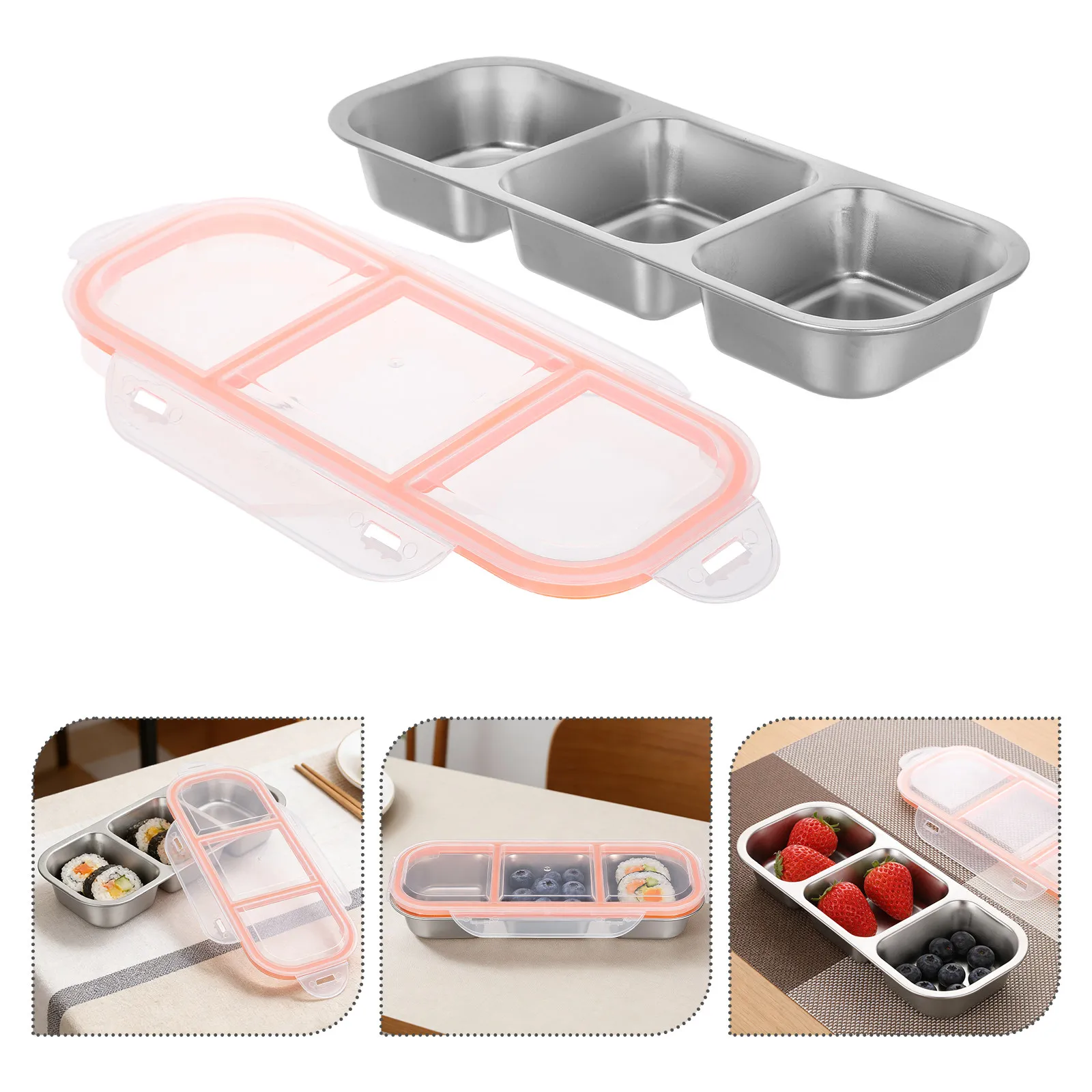 Stainless Steel Snack Container 600Ml 3-Compartment Leakproof Bento Lunch Box Reusable Airtight Food Storage for Work School