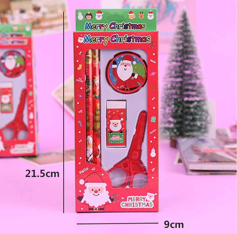 漫画サンタクロース鉛筆はさみ文房具セット、学生かわいいクリスマスゴム鉛筆削り、5新年、2025