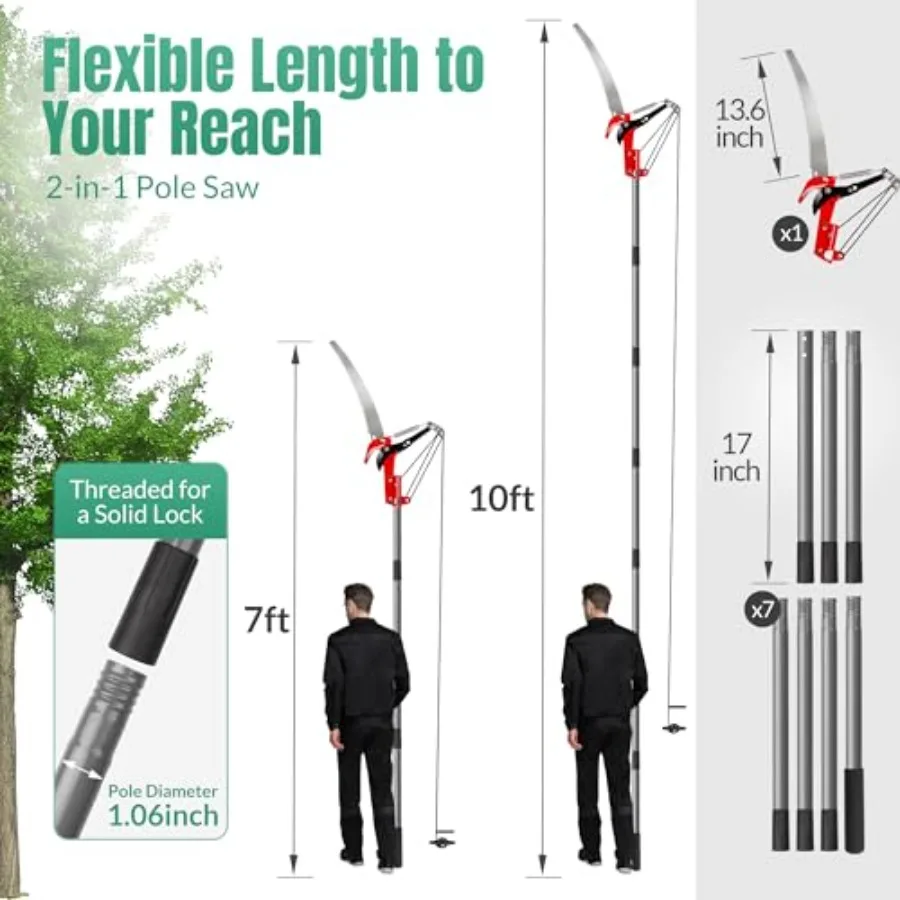 10Feet Pole Saw for Tree Trimming, Manual Tree Pruner with Steel Blade and Scissors, Long Handle Branch Cutter Pole, Extendable