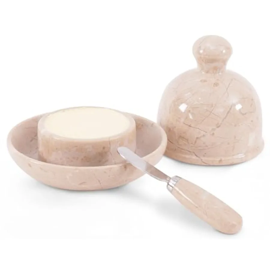 Marble Butter Dish With Lid 6" Inch Handmade Butter Spreader for Bread Butter Crock For Counter With Water French Butter Farmho