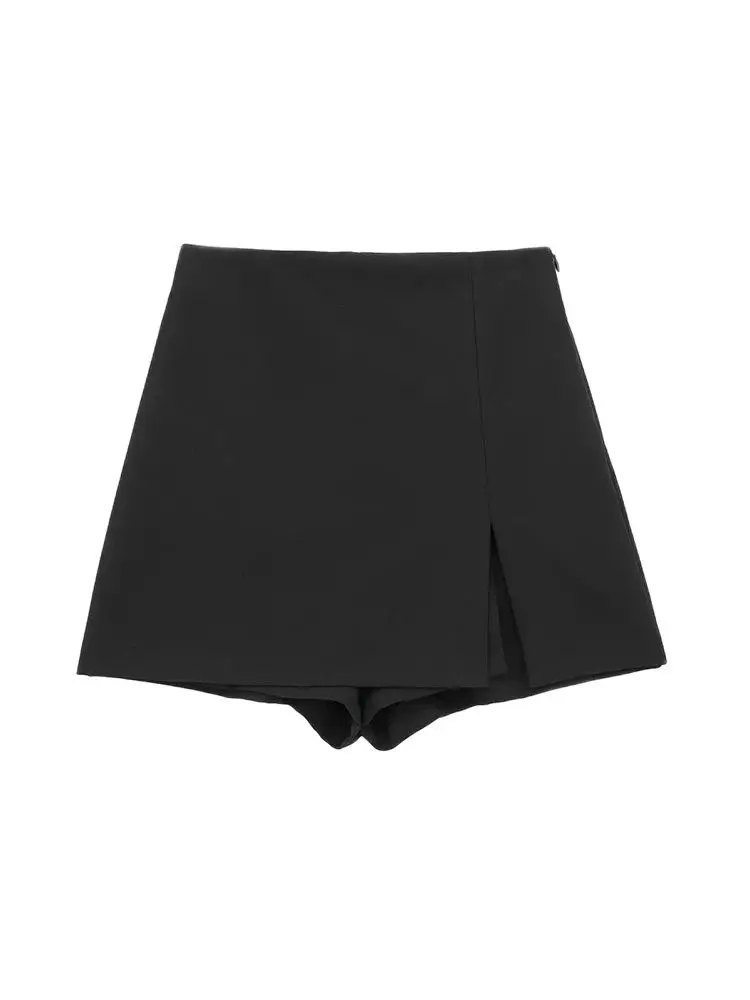 Damskie spódnico-spodenki z rozcięciem z przodu, z bocznym zamkiem, z wysokim stanem, elegancka moda.