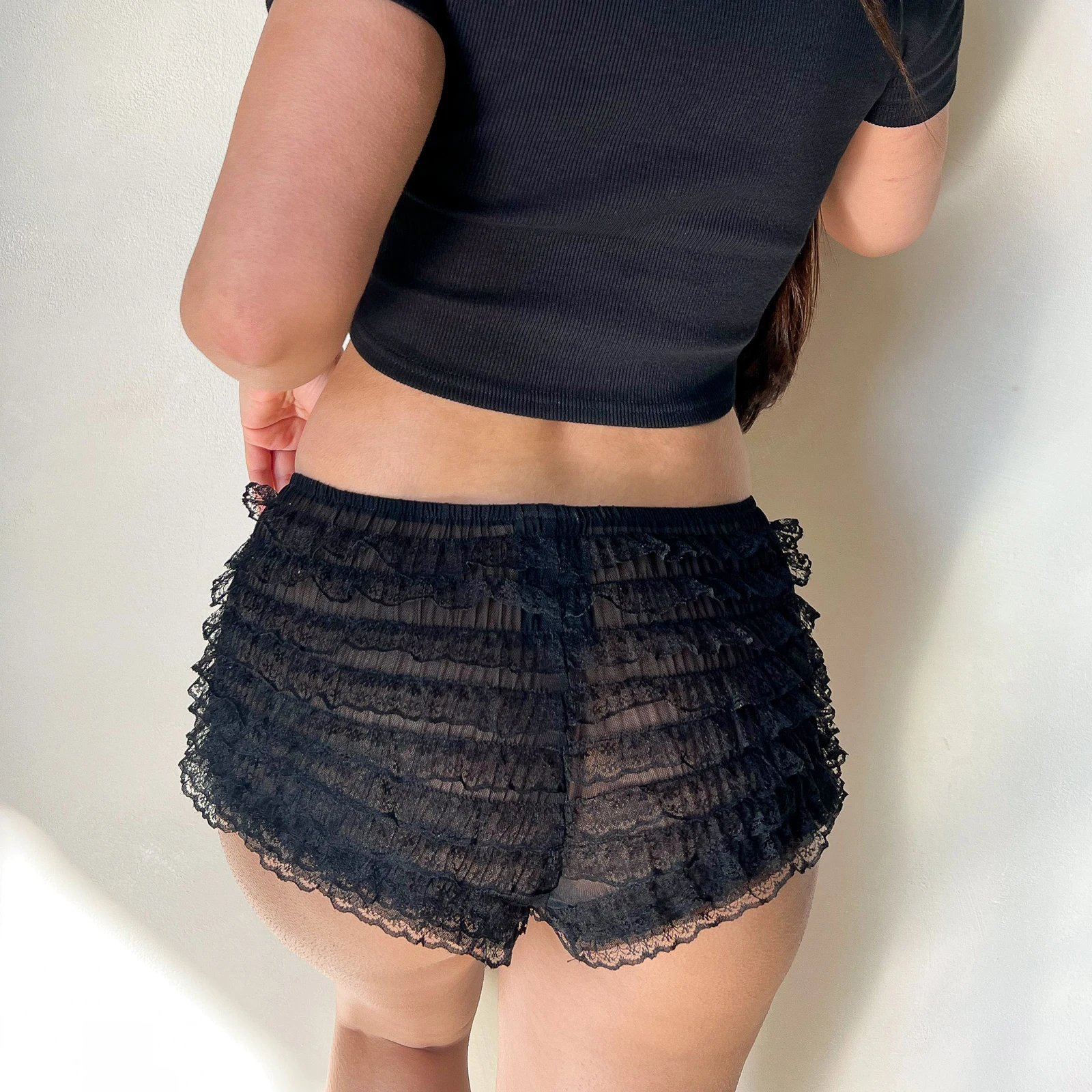 여성용 레이스 반바지, 로우 웨이스트 미니 활, 티어 프릴 밑단, 슬림 카와이 짧은 바지, 미적 하의, 여름