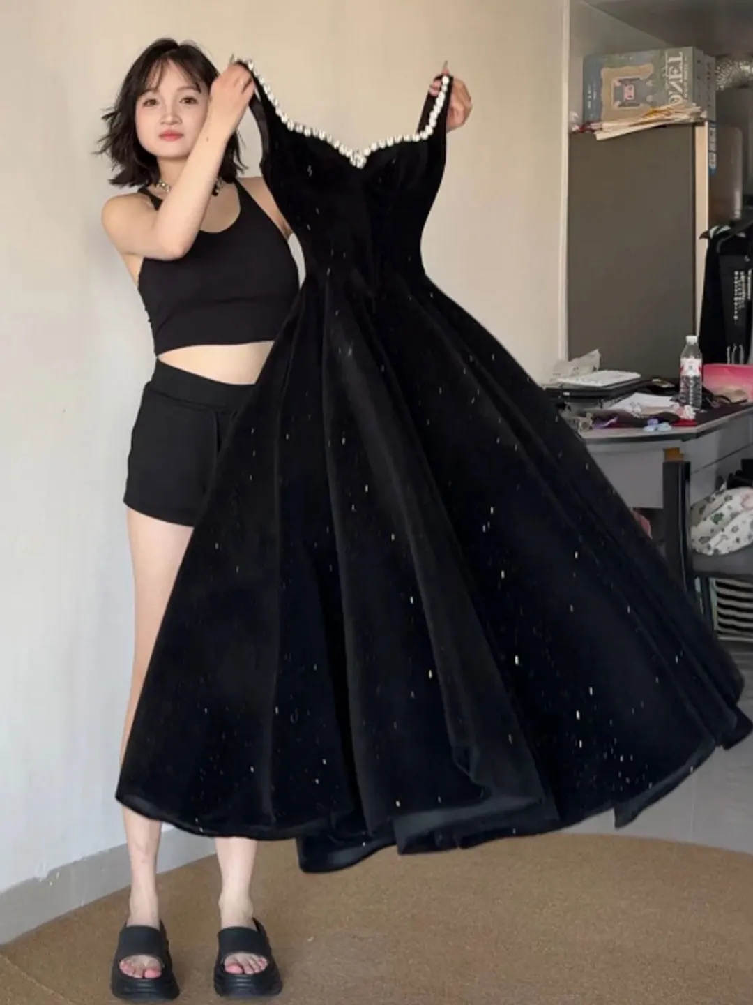 

Hebden Style Elegant High Waist Puffy Strapless Dress French Style Diamond Embellished Summer Dress for Party And Wedding