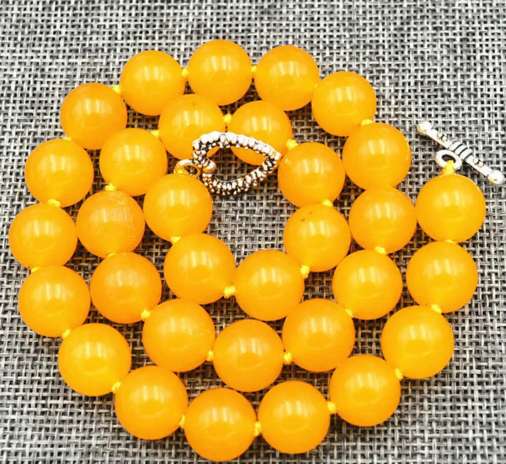 

18 Inches Natural 12mm Yellow Jade Gems Beads Necklace Tibetan Silver Love Clasp