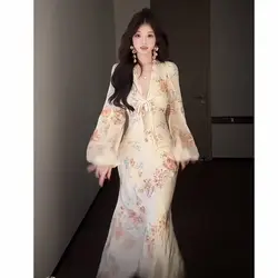 large size slightly fat MM pure desire sexy spice girl temperament printed French dress slimming fishtail skirt