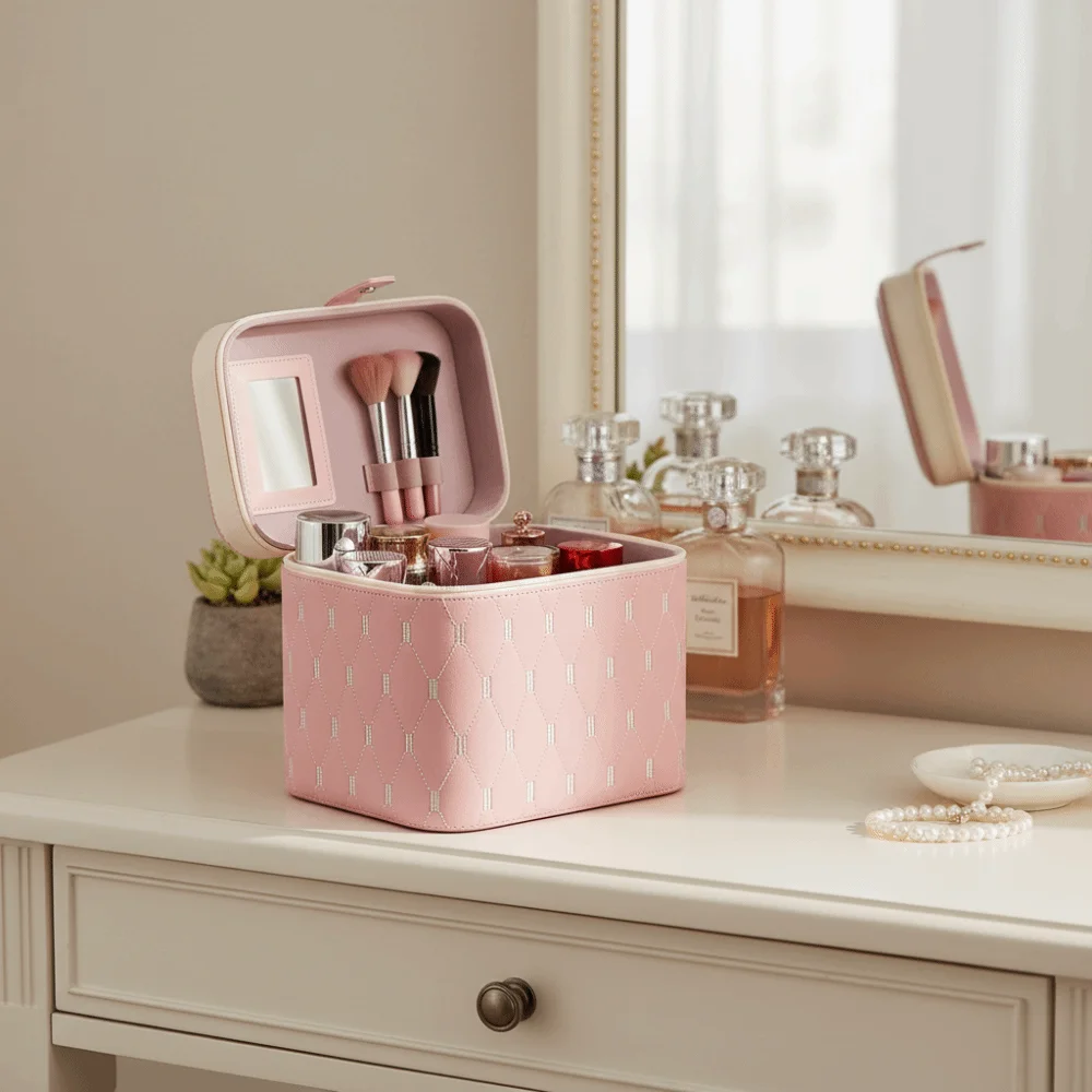 Multi-functional PU Leather Cosmetic Bag Large Capacity Waterproof Cosmetic Storage Box Anti-crush with Mirror Makeup Bag Women