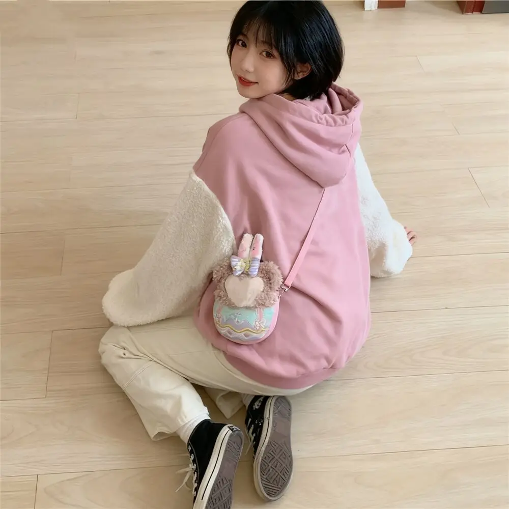 Outono preppy menina harajuku kawaii hoodies dos desenhos animados cães apliques moletom com capuz retalhos velo mangas caídas pullovers