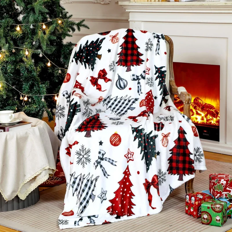 Christmas plaid flannel red and black blanket, colorful Christmas tree, snowflake farmhouse decoration, gift blanket 50x 40 inch