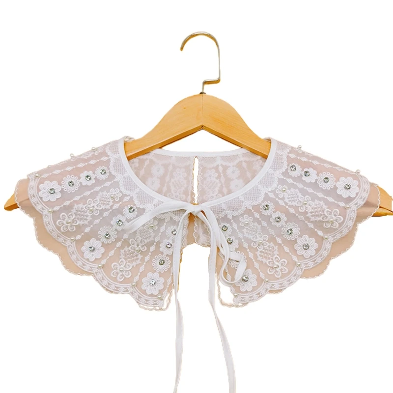 

Women Sweet Scalloped Trim Lace Fake False Collar Shawl Embroidery Sunflower for rhinestone Beaded Lace-Up Capelet Scarf