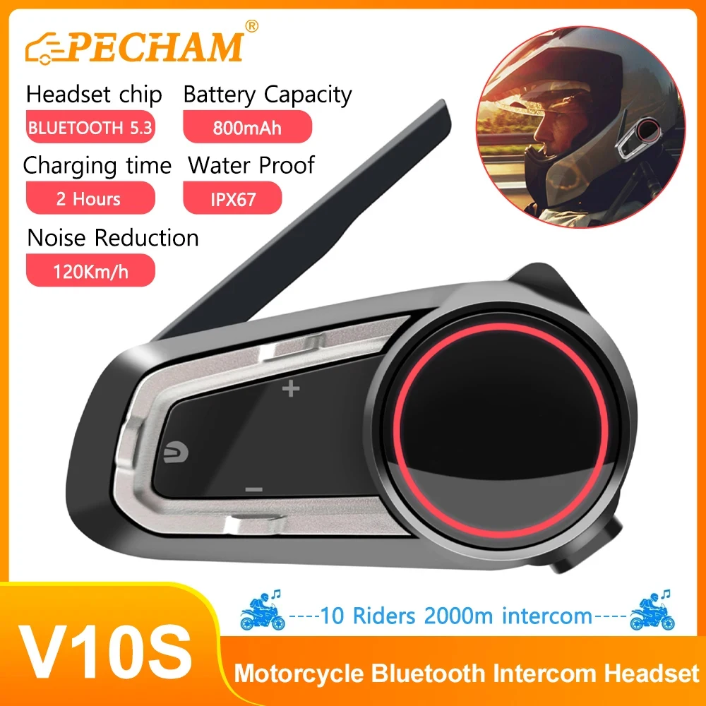 V10S Motorcycle Helmet Headphones Mesh Intercom Bluetooth 5.3 & IP67 for 10 Riders 2000m Hands-free Call Phone Intercom & Music