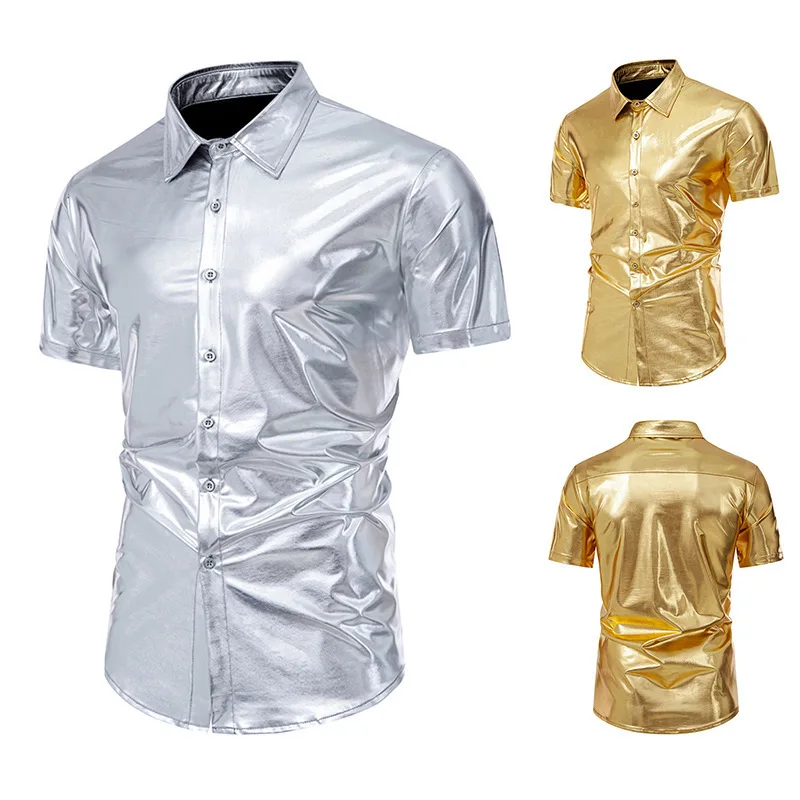 #4625 Summer Short Sleeve Men\'s Shirts Loose Gold Silver Shinny Surface Streetwear Dance Hip Hop Shirts Man Turn-down Collar
