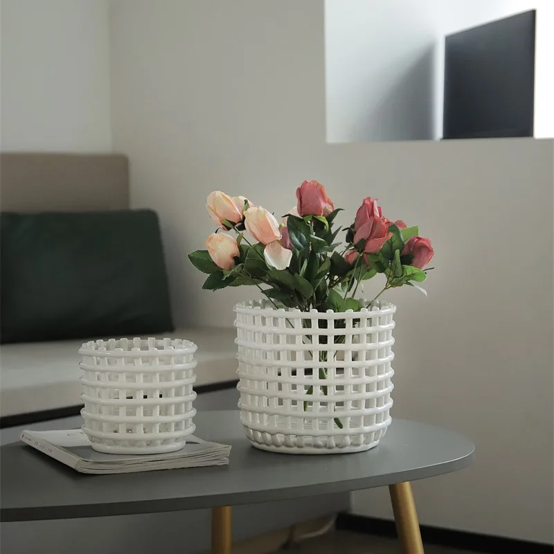 Ceramic Woven Fruit Bowl Bread Basket Living Room Coffee Table Snack Knife Fork Storage Basket Hand-woven Flower Vase Ornaments